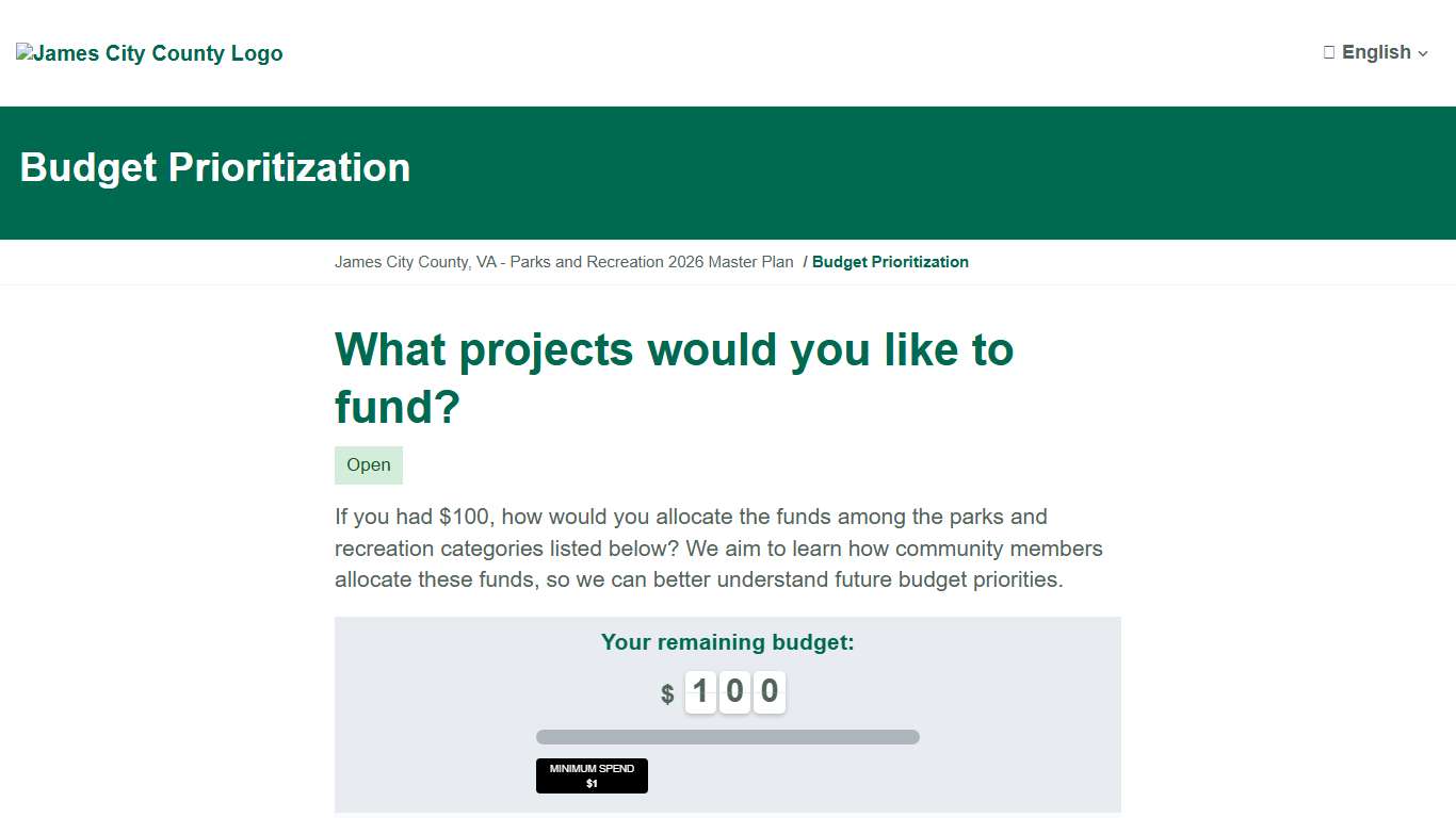Budget Prioritization James City County, VA - Parks and Recreation 2026 Master Plan Engage with BerryDunn