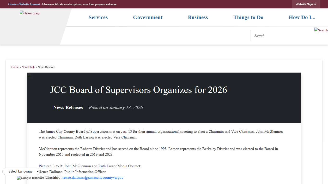JCC Board of Supervisors Organizes for 2026 • James City County, VA