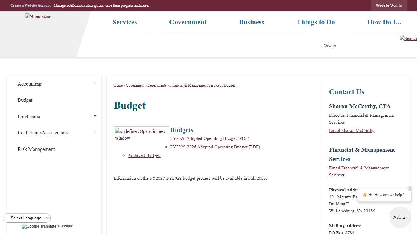 Budget James City County, VA